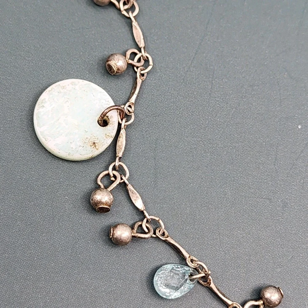 Antiqued Copper Tone Charm Bracelet Blue Glass Beads Iridescent Disc Dangles